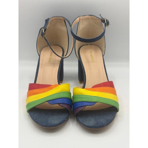 MODCLOTH Limitless Radiance Rainbow Denim Block Heel Ankle Strap Sandals Sz - Picture 3 of 8